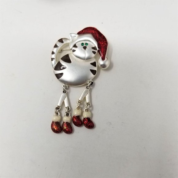 Jewelry - Santa Kitty Cat Pin Brooch Cute Glitter Hat & Feet